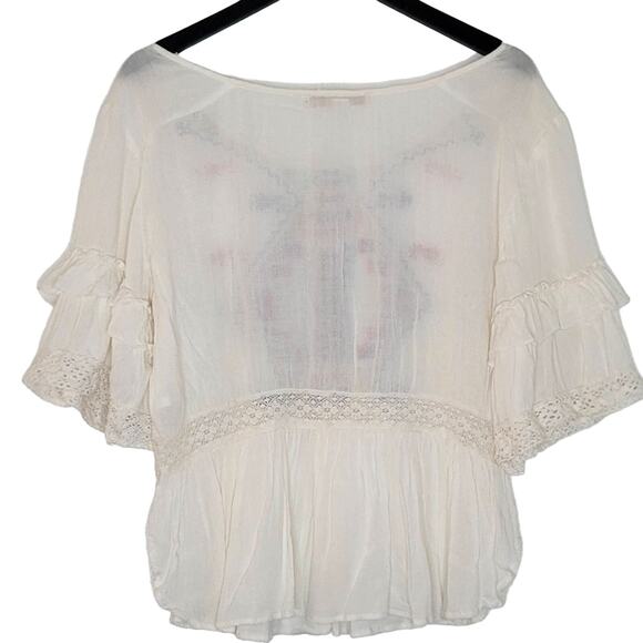 Boston Proper Top XS Cream Embroidered Ruffle Sleeve Peasant Boho Cottage - Picture 3 of 8